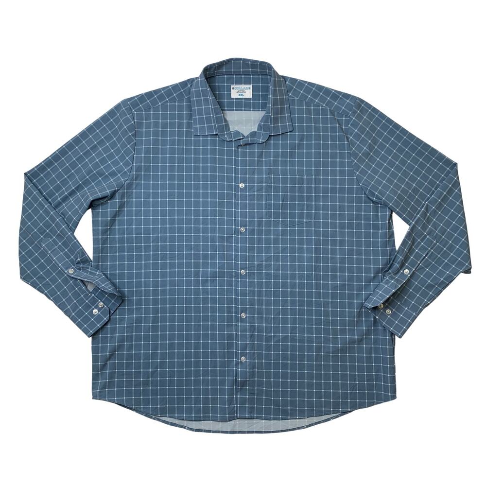 &Collar Shirt Mens 2XL Dusty Blue White Athletic Performance Dress Plaid Stretch